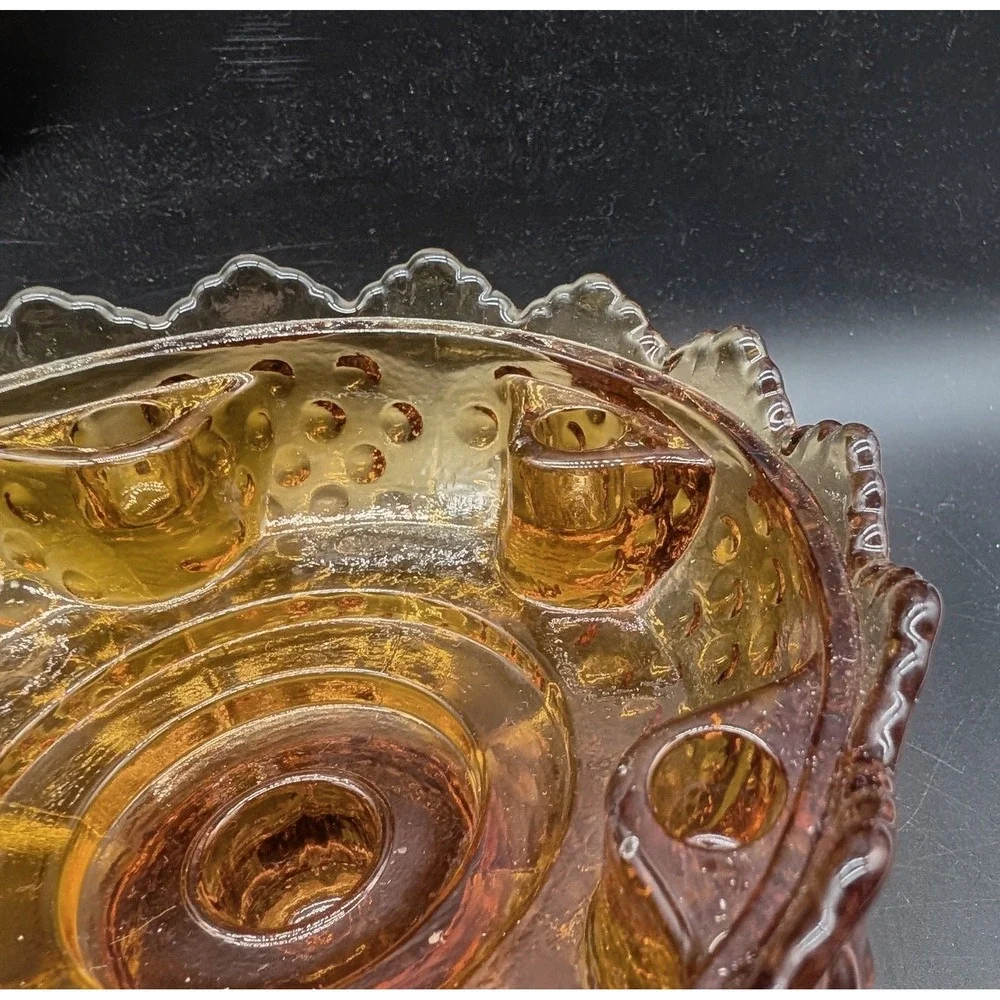 Vintage Amber Fenton Glass Hobnail Console Bowl Scalloped Edge 6 Candle Holder